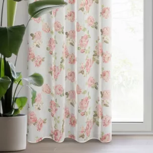 Zasłona biało, różowa zdobiona nadrukiem róż z dodatkiem złota z etaminy 140x250 cm przelotka MELA