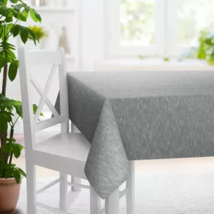 Obrus szyty popielaty z matowej luźnotkanej tkaniny z efektem melanżu, wykończona obciążnikiem