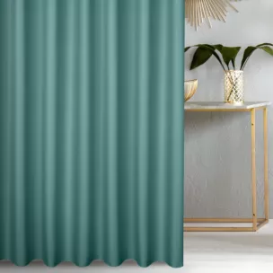 Zasłona szyta na taśmie 5 cm jasnoturkusowa z gładkiej tkaniny zaciemniającej typu dimout wykończona obciążnikiem