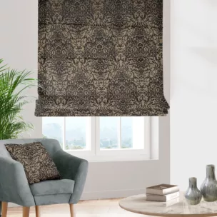 Roleta rzymska grafitowo złocista z połyskującej tkaniny zdobionej eleganckim wzorem Pierre Cardin