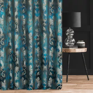 Zasłona szyta na taśmie 5 cm ciemnoturkusowo srebrna z ekskluzywnej tkaniny z dużym ornamentowym wzorem Italissima Eva Minge