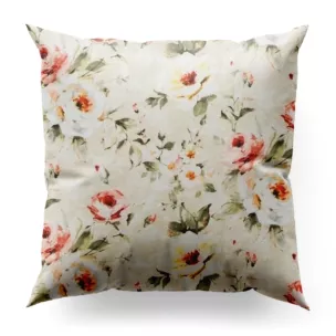 Poszewka szyta beżowo różowa z tkaniny o naturalnym splocie z nadrukowanym kwiatowym wzorem