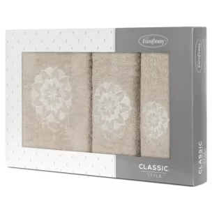 Zestaw ręczników bawełnianych na prezent 3 szt kolor beżowy,kremowy z haftowanym motywem lotosu 380g/m2 LOTUS