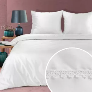 Pościel 160x200 cm komplet 3 częściowy z makosatyny bawełnianej kolor biały zdobiona subtelną koronką DIVA 20 - kolekcja FOREST SUMMER