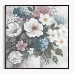 Obraz kremowo, zielony ręcznie malowane kwiaty na płótnie z błyszczącymi akcentami 80x80 cm