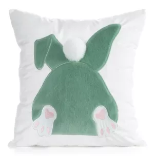 Wielkanocna poszewka na poduszkę 45x45 cm welwetowa z uroczym zajączkiem biało, szałwiowa WIOSNA 129