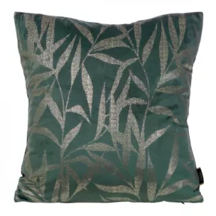 Poszewka na poduszkę 45x45 cm welwetowa kolor ciemnomiętowy ze złocistym nadrukiem liści BLINK 22