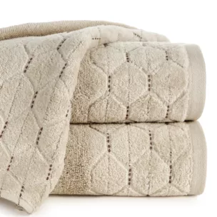 Ręcznik kąpielowy 70x140 cm bawełniany kolor beżowy z welwetową geometryczną bordiurą 500 g/m2 LUMIA