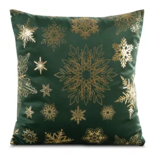 Poszewka na poduszkę 45x45 cm welwetowa, zielono złota zdobiona śnieżynkami JOY