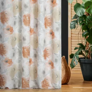 Zasłona szyta na taśmie 5 cm jasnokremowo pomarańczowa z tkaniny o naturalnym splocie z kwiatowym nadrukiem
