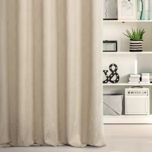 Zasłona szyta na tunelu ciemnokremowo złocista z tkaniny z wzorem w formie przecierki na błyszczącym tle Pierre Cardi