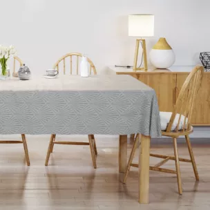 Obrus szyty jasnokremowy z tkaniny, z geometrycznym wzorem, z dodatkiem połyskującej nici