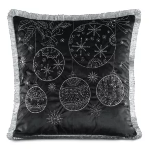 Poszewka na poduszkę 45x45 cm czarno, srebrna z haftowanym świątecznym motywem i ozdobnymi frędzlami