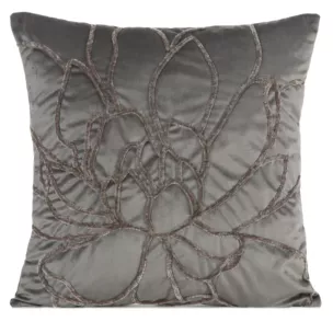 Poszewka na poduszkę 45x45 cm welwetowa, stalowa zdobiona naszywanym wzorem SANDI