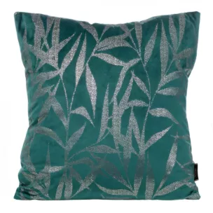 Poszewka na poduszkę 45x45 cm welwetowa kolor ciemnoturkusowy ze złocistym nadrukiem liści BLINK 22