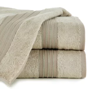 Ręcznik kąpielowy 50x90 cm bawełniany kolor beżowy zdobiony bordiura w paski 550 g/m2 AURA