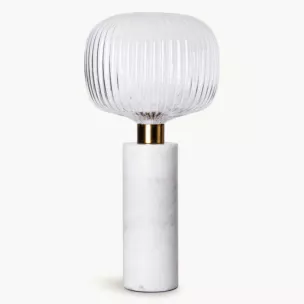 Lampa stołowa do salonu biało, złota LUKA o marmurowej podstawie i szklanym tłoczonym kloszem
