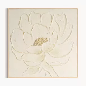 Obraz kremowo, złoty ręcznie malowany na płótnie z motywem kwiatów oprawiony w ramę 62x62 cm