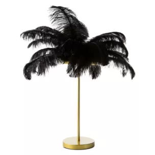 Lampa stołowa do salonu czarno, złota FERI na metalowej podstawie z niezwykle efektownym abażurem z naturalnych strusich piór