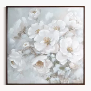 Obraz kremowo, błękitny ręcznie malowany w bukiet subtelnych kwiatów na płótnie 80x80 cm