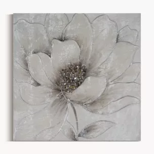 Obraz roślinny szaro, srebrzysty ręcznie malowany na płótnie kwiat z dodatkami cyrkonii 50x50 cm FLOWERY 2