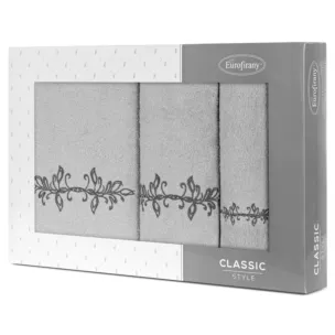 Zestaw ręczników bawełnianych na prezent 3 szt kolor srebrny,grafitowy z haftem z motywem ornamentu roślinnego 380g/m2 KAMELIA