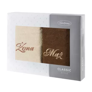 Zestaw ręczników bawełnianych na prezent 2 szt 50x90 cm z haftem Żona i Mąż kolor beżowy,brązowy 400 g/m2