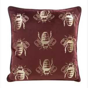 Poszewka na poduszkę 45x45 cm welwetowa kolor ciemnobordowy złocisty z motywem pszczół BILNK