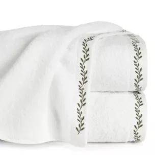 Ręcznik do rąk 30x50 cm bawełniany kolor biało, oliwkowy zdobiony haftowaną bordiurą 500 g/m2 SELENE