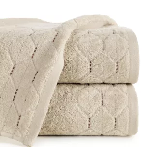 Ręcznik kąpielowy 50x90 cm bawełniany kolor beżowy z welwetową geometryczną bordiurą 500 g/m2 LUMIA