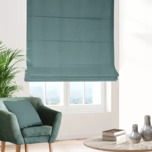 Roleta rzymska jasnoturkusowa z tkaniny o naturalnym splocie z efektem melanżu