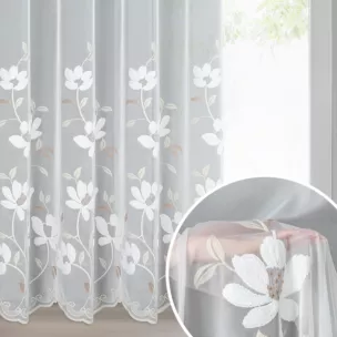 Firana biało, brązowa SANDI z tkaniny typu peru zdobiona haftem 350x250 cm przelotka - SANDI