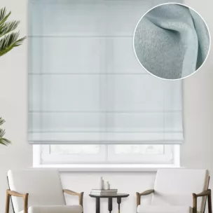 Roleta rzymska miętowa z półmatowej etaminy z efektem melanżu, wykończona obciążnikiem