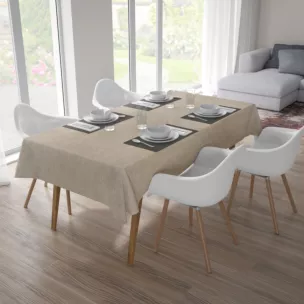 Obrus szyty ciemnobeżowy z tkaniny zaciemniającej typu dimout o naturalnym splocie, z efektem melanżu