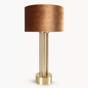 Lampa stołowa brązowo, złota PERI o minimalistycznej podstawie i welwetowym abażurem