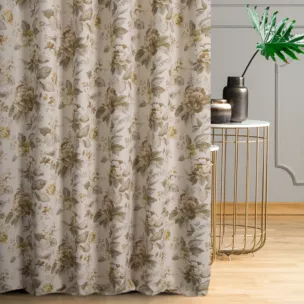 Zasłona szyta na taśmie 5 cm kremowo musztardowa z tkaniny z dodatkiem bawełny i nici metalicznej, o wzorze w kwiaty, zawiera 20% bawełny