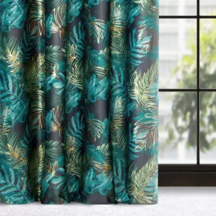 Zasłona welwetowa czarno, zielona ze wzorem egzotycznych liści 140x250 cm przelotka - DAVOS