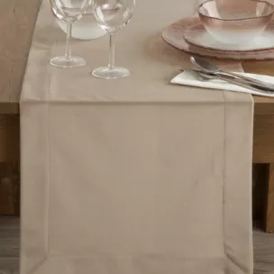 Bieżnik na stół beżowy 40x140 cm MELINDA z gładkiego welwetu z ozdobną listwą