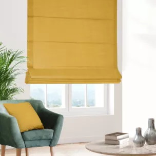 Roleta rzymska musztardowa z miękkiej tkaniny o naturalnym splocie w stylu ekologicznym