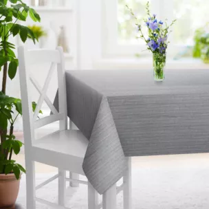 Obrus szyty jasnoszary z tkaniny z efektem melanżu wykończona obciążnikiem