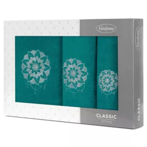 Zestaw ręczników bawełnianych na prezent 3 szt kolor ciemnoturkusowy ,srebrny z haftowanym motywem lotosu 380g/m2 LOTUS