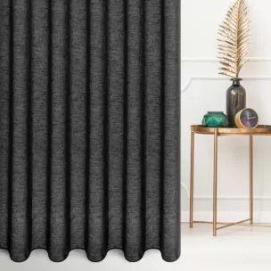 Firana szyta na taśmie 5 cm czarna z gładkiej matowej etaminy o naturalnym splocie, wykończona obciążnikiem