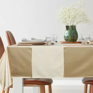 Komplet obrus + bieżnik beżowo, kremowy 140x220 cm o satynowym połysku - GLAMO