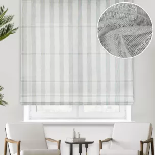 Roleta rzymska naturalna z matowej tkaniny w pasy z efektem bukli, wykończona obciążnikiem