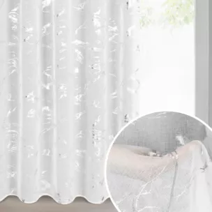 Dekoracja okienna biało, srebrna z etaminy zdobiona błyszczącym marmurkowym wzorem 140x270 cm taśma ALINA