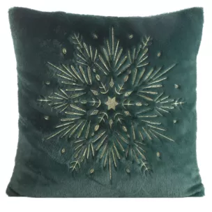 Poszewka na poduszkę świąteczna  45x45 cm ciemnozielono, szampańska z przyjemnego futerka zdobiona haftem śnieżynki