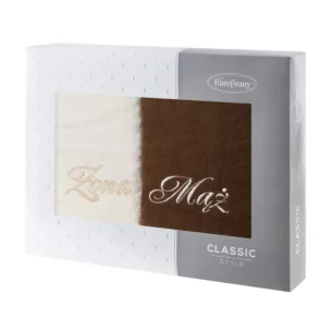 Zestaw ręczników bawełnianych na prezent 2 szt 50x90 cm z haftem Żona i Mąż kolor kremowy,brązowy 400 g/m2