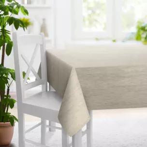 Obrus szyty jasnobeżowy z tkaniny welwetowej w pionowe prążki, wykończona obciążnikiem