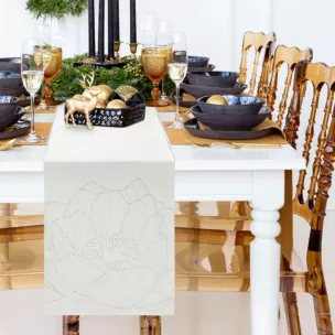 Bieżnik na stół biało, złocisty 35x220 cm welwetowy BLINK 13 z dużym wzorem lilii wodnej