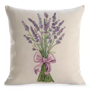 Poszewka na poduszkę 45x45 cm bawełniana, gobelinowa naturalno, zielona  z motywem lawendy GOBELIN